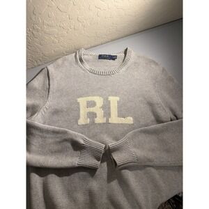 Polo Ralph Lauren Intarsia RL Logo Knit Sweater Men's Gray Large Preppy Classic